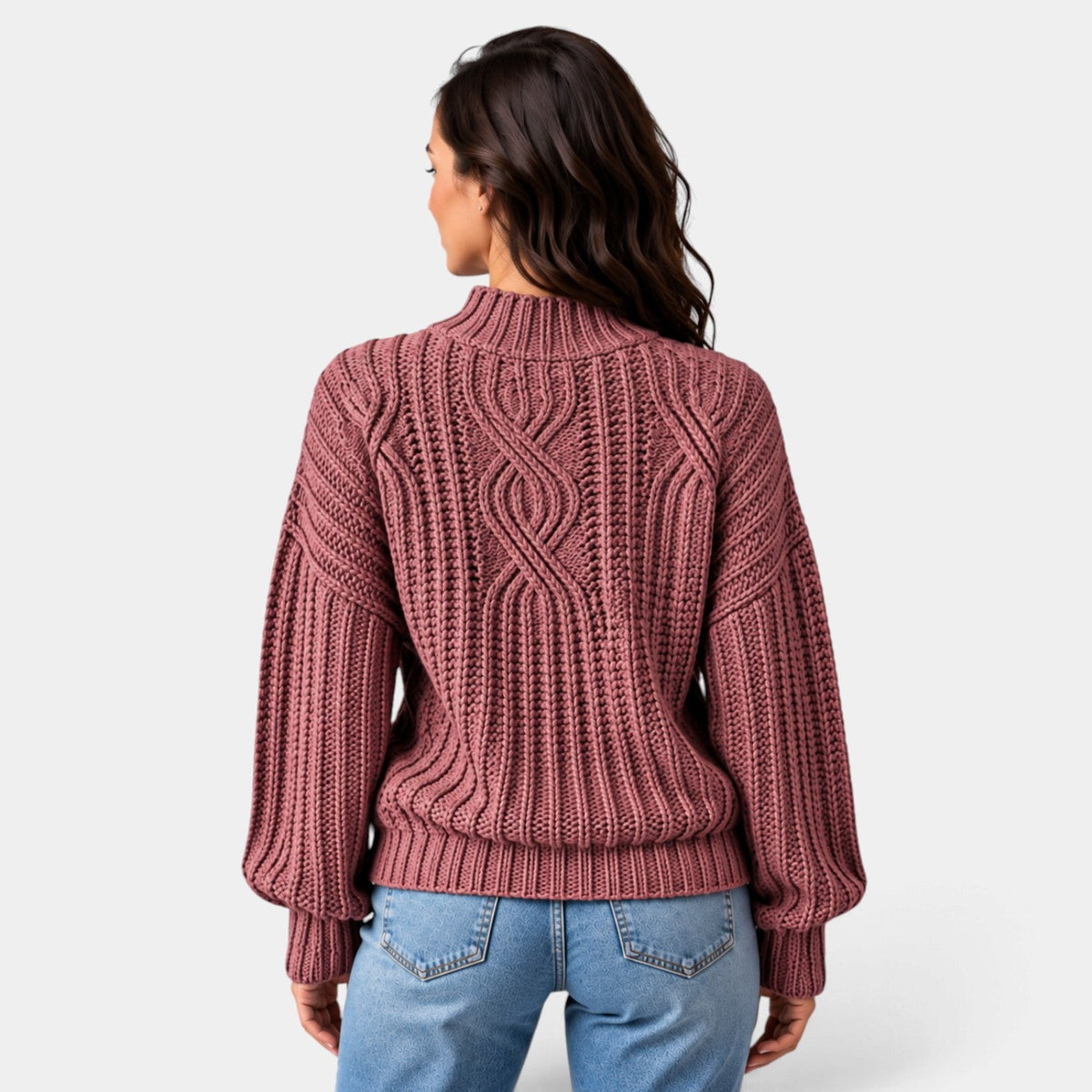 Jersey Mujer Oversize de Punto Trenzado con Cuello Alto y Mangas Globo
