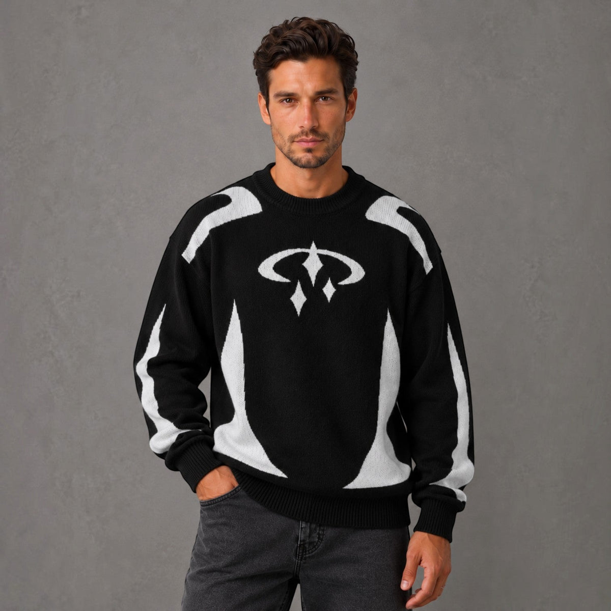 Jersey Hombre Cuello Redondo con Estampado Tejido Streetwear