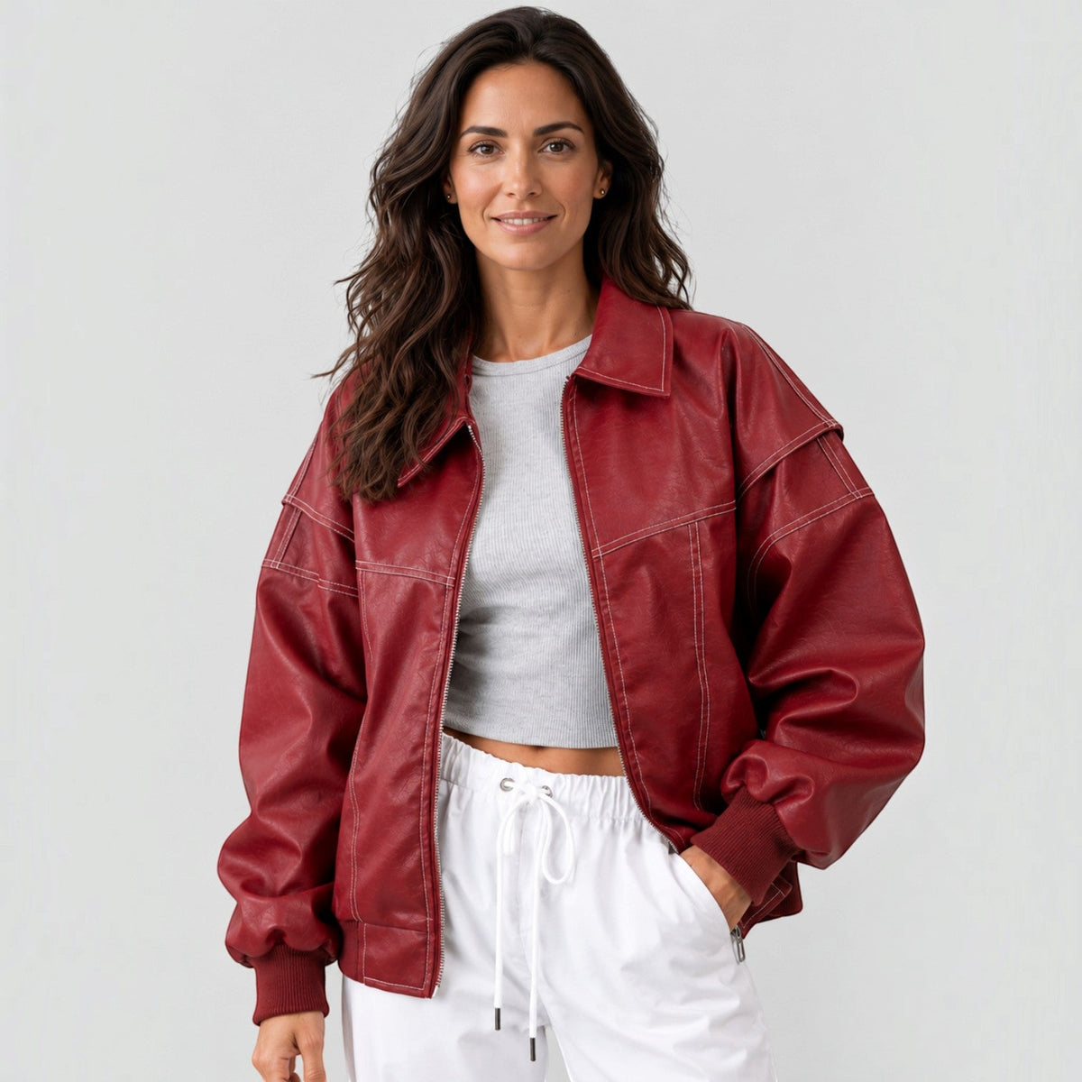 Cazadora Bomber Mujer de Piel Oversize con Bajo Elástico