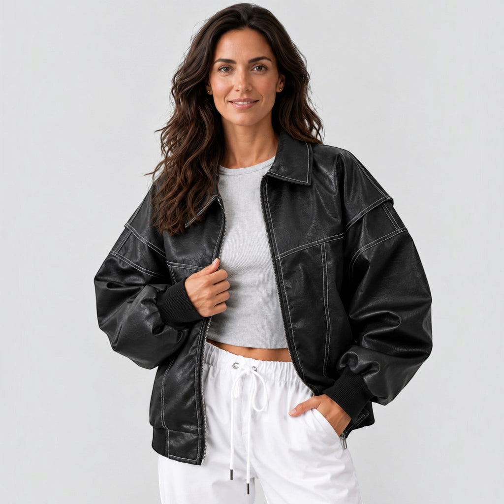 Cazadora Bomber Mujer de Piel Oversize con Bajo Elástico