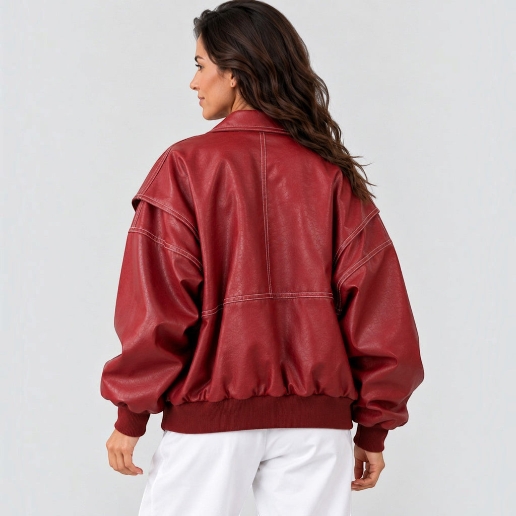 Cazadora Bomber Mujer de Piel Oversize con Bajo Elástico