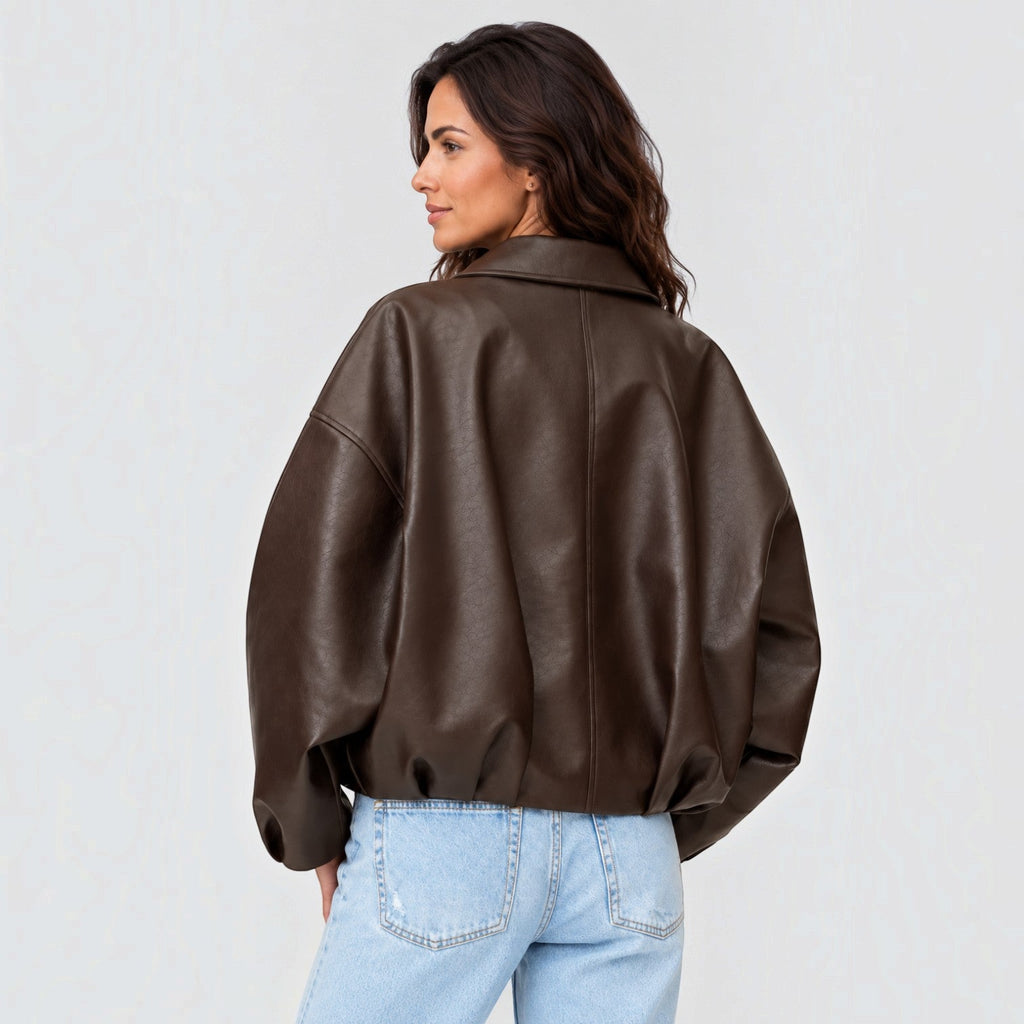 Chaqueta Mujer de Piel Oversize con Cinturón y Mangas Amplias