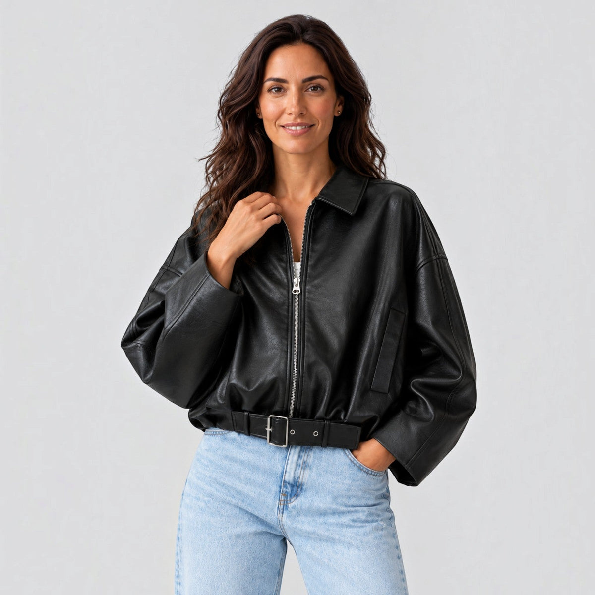 Chaqueta Mujer de Piel Oversize con Cinturón y Mangas Amplias