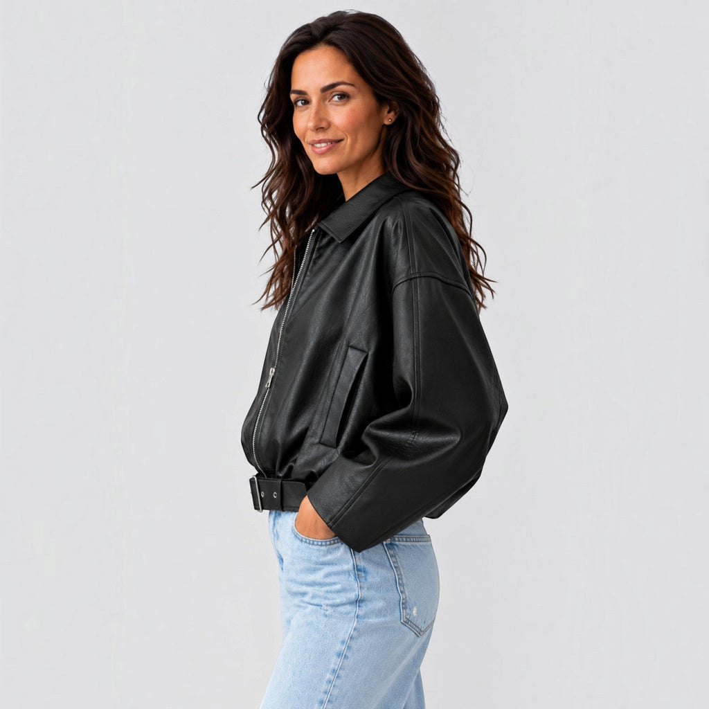 Chaqueta Mujer de Piel Oversize con Cinturón y Mangas Amplias