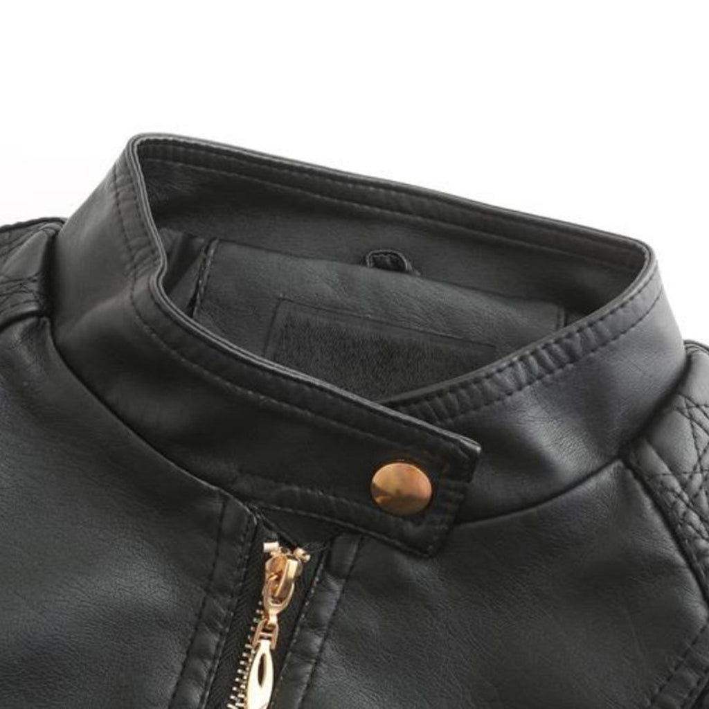 Chaqueta Biker Mujer Cropped en Polipiel con Cuello Alto