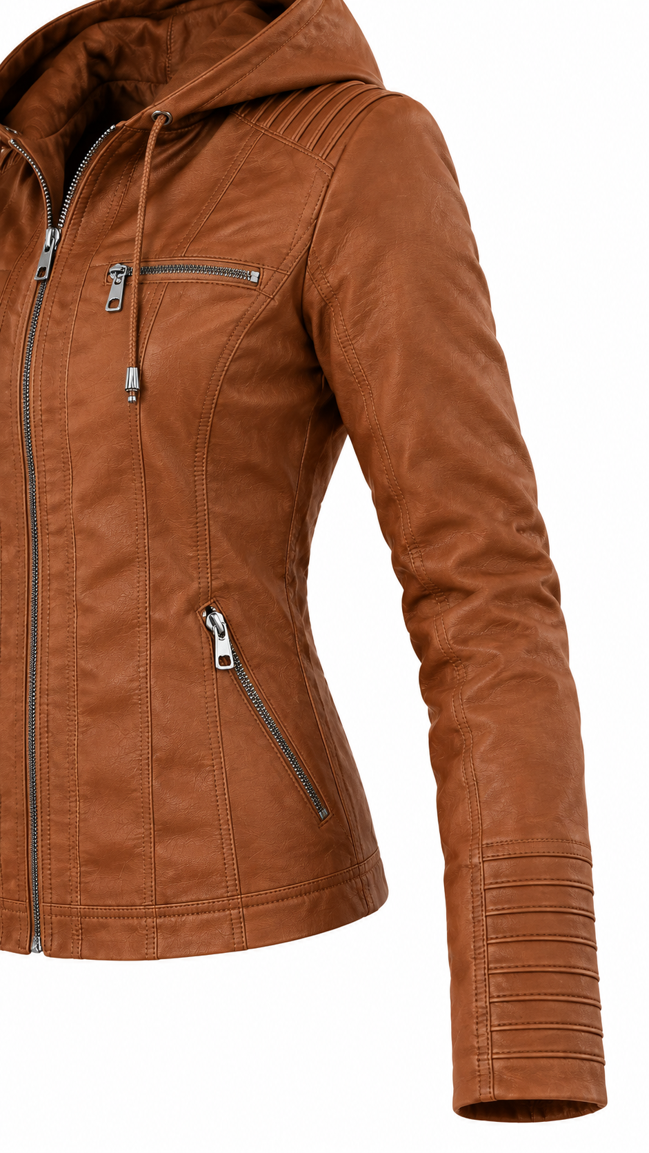 Olivia | Chaqueta biker efecto piel con capucha desmontable y cremalleras