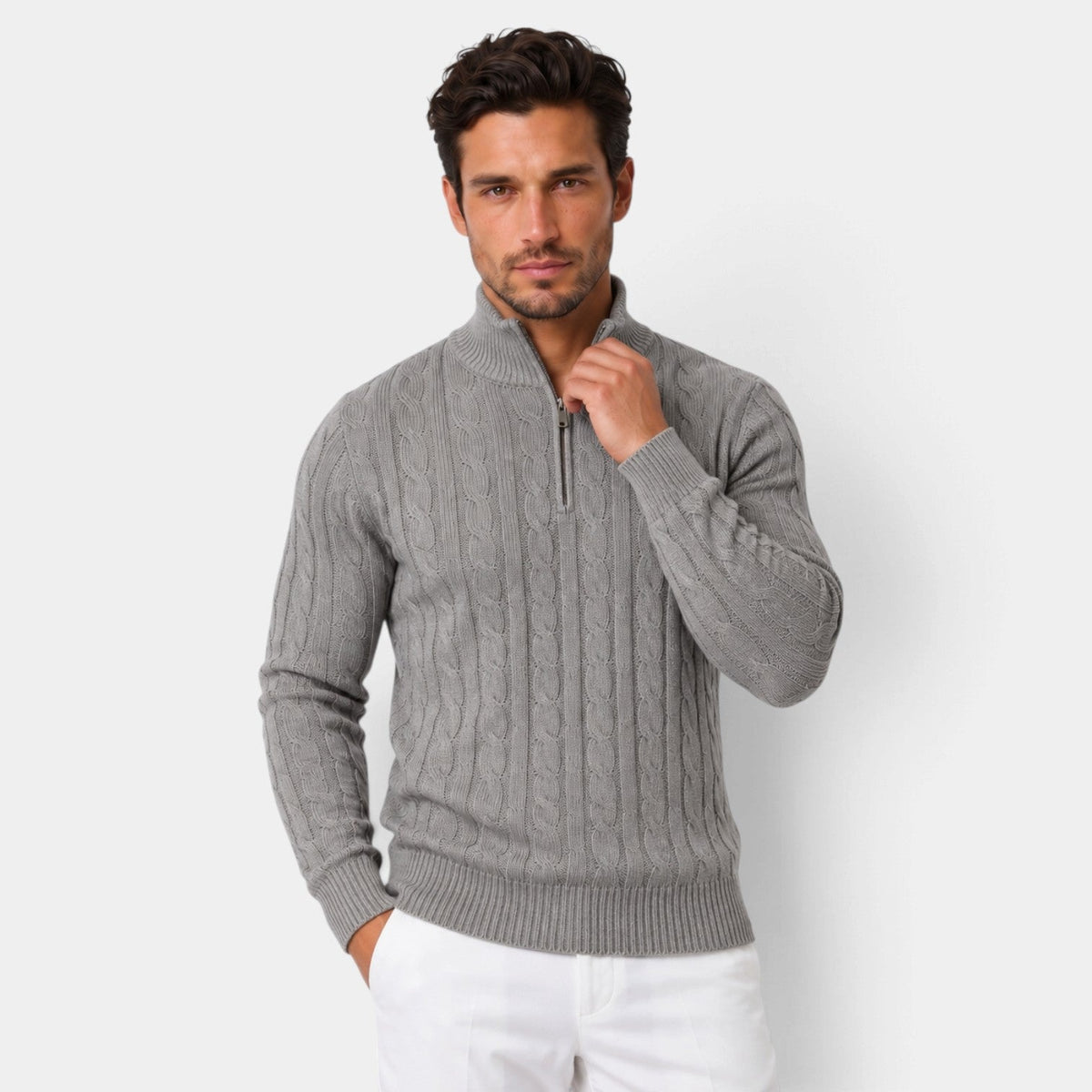 Jersey de Punto Trenzado con Media Cremallera para Hombre