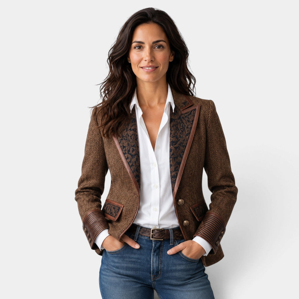 Blazer Mujer Paneles Espiga con Botones Dorados