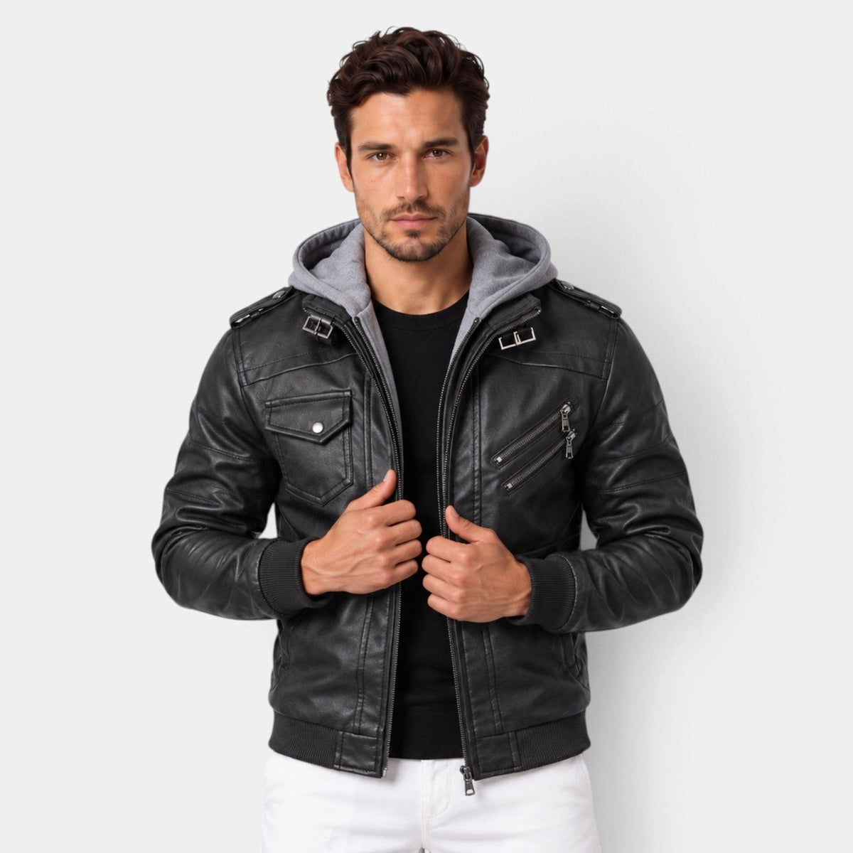 Chaqueta de cuero hombre cálida con capucha