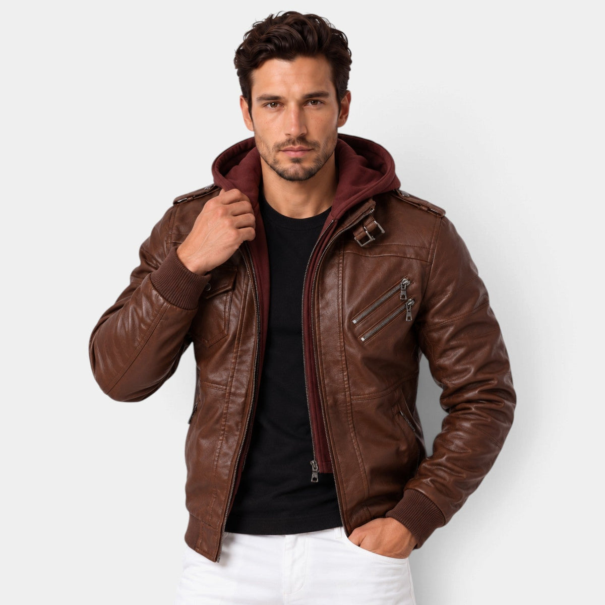 Chaqueta de cuero hombre cálida con capucha