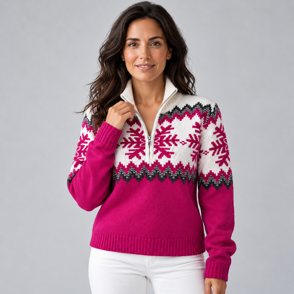 Jersey Fair Isle Mujer Media Cremallera Cuello Embudo Copos de Nieve