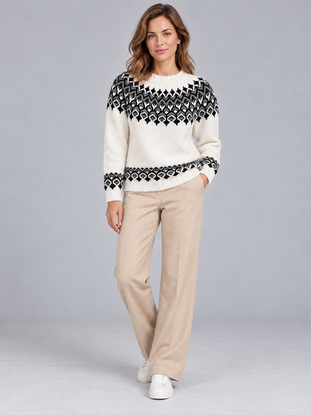 Jersey Fair Isle Mujer Geométrico Cuello Redondo Marfil