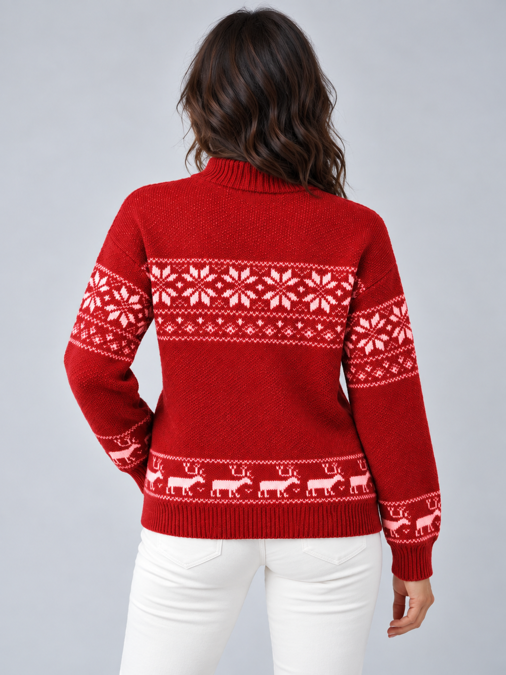 Jersey Navideño Mujer Fair Isle Cuello Mock con Renos en el Bajo