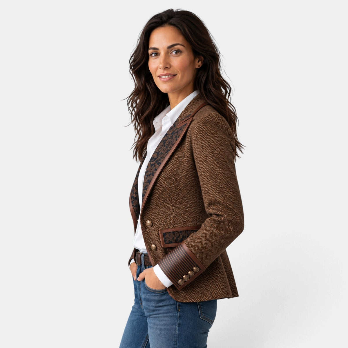 Blazer Mujer Paneles Espiga con Botones Dorados