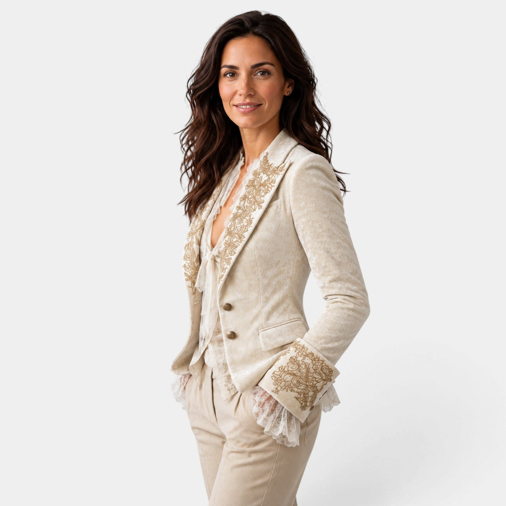 Blazer Mujer Marfil Bordado Entallado