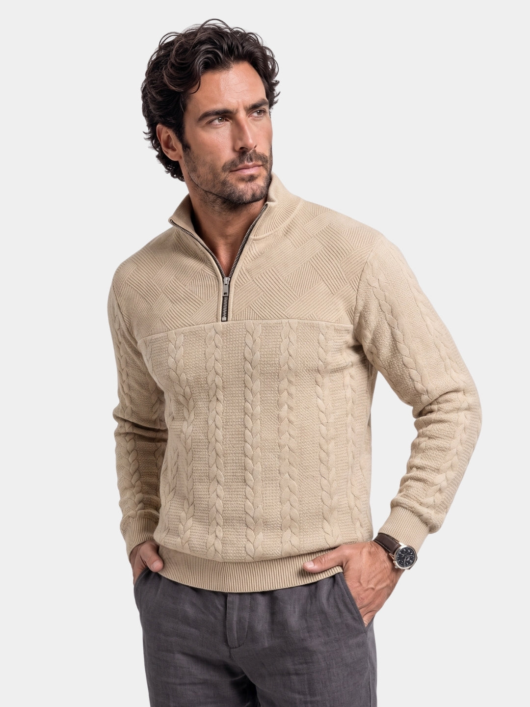 Suéter de Cuello Alto con Media Cremallera Esencial Henley - Cross & Crown