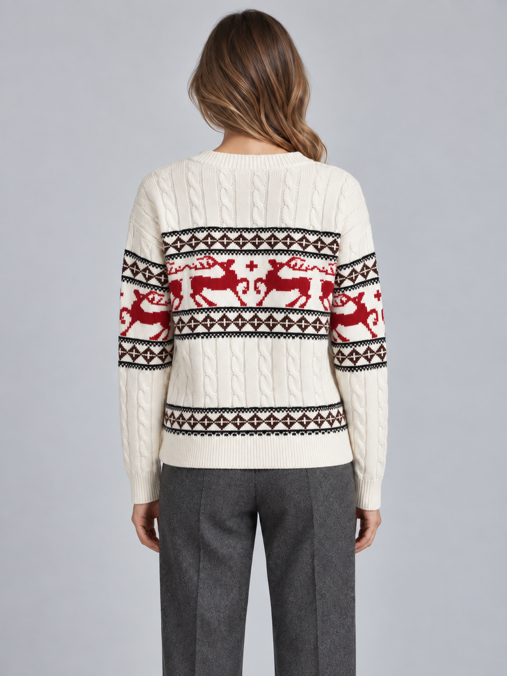 Jersey Navideño Mujer Aran Trenzado con Renos Fair Isle