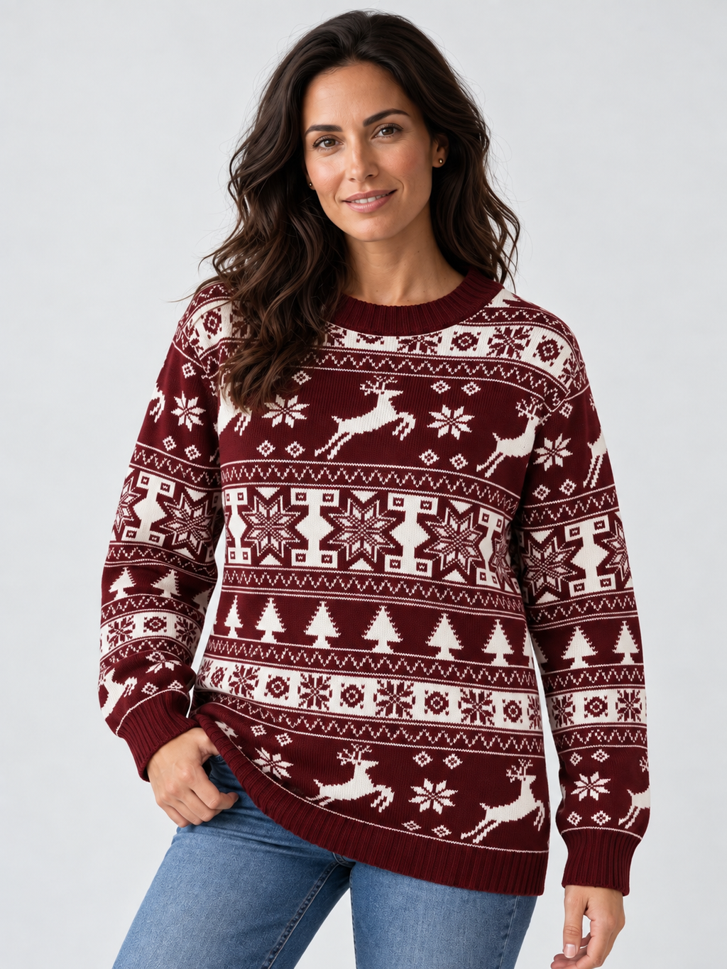 Jersey Navideño Mujer Fair Isle Renos y Abetos Cuello Redondo