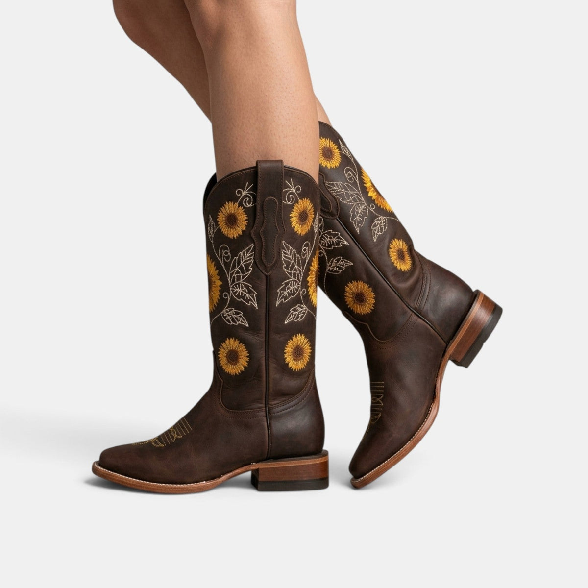 Botas Camperas Boho de Piel para Mujer con Girasoles Bordados
