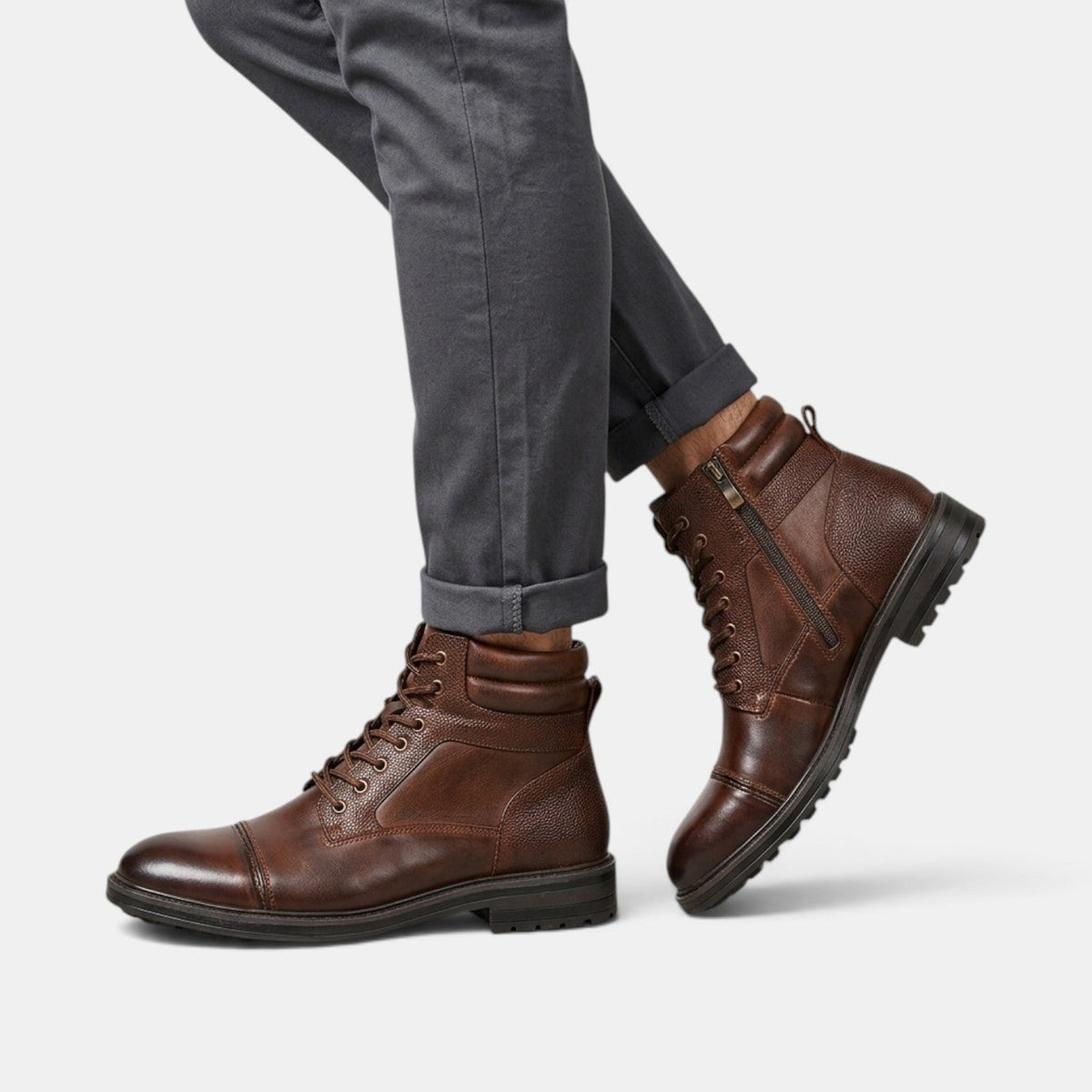 Botines de Piel para Hombre con Cordones y Cremallera Lateral
