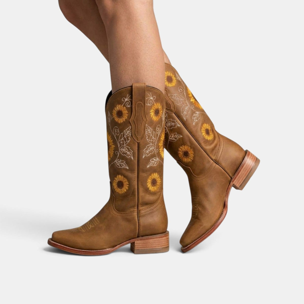 Botas Camperas Boho de Piel para Mujer con Girasoles Bordados
