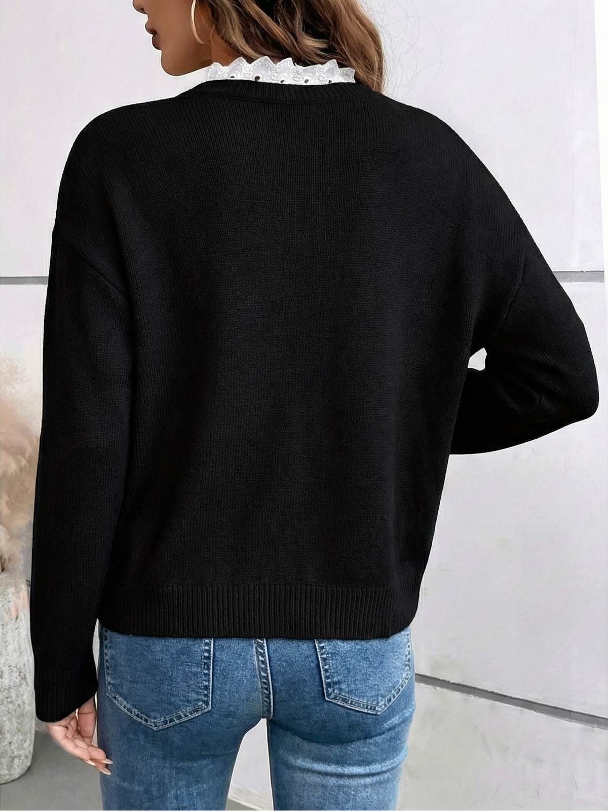 Céline | Suéter Chic con Cuello de Encaje, Toque Cachemir