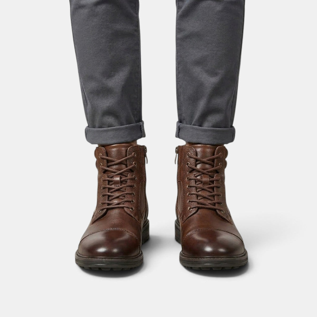 Botines de Piel para Hombre con Cordones y Cremallera Lateral