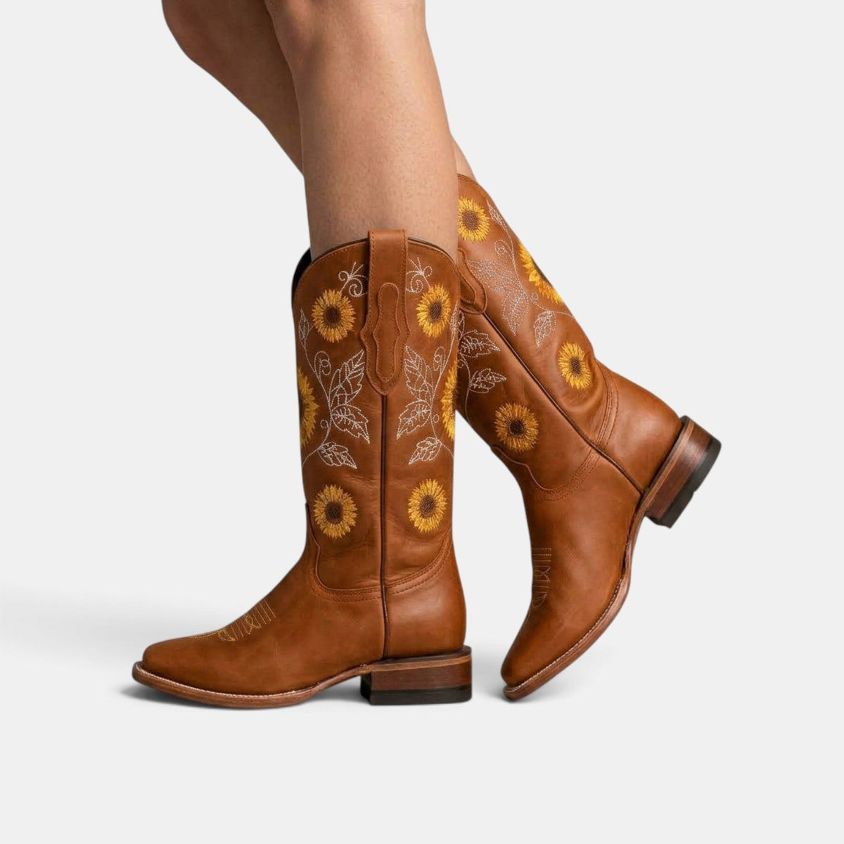 Botas Camperas Boho de Piel para Mujer con Girasoles Bordados