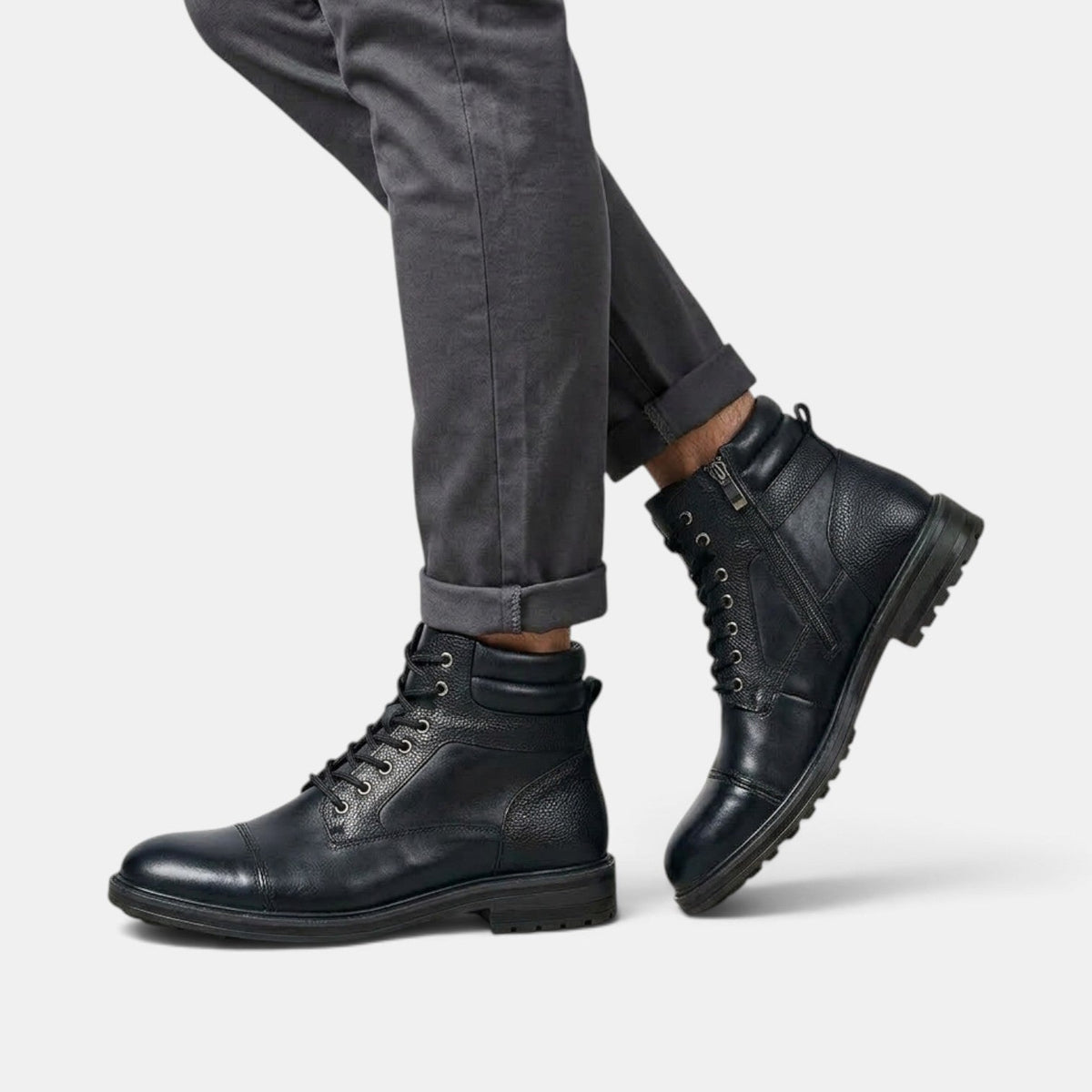 Botines de Piel para Hombre con Cordones y Cremallera Lateral