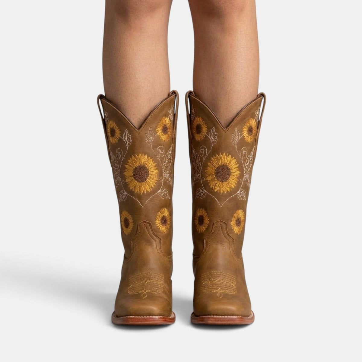 Botas Camperas Boho de Piel para Mujer con Girasoles Bordados