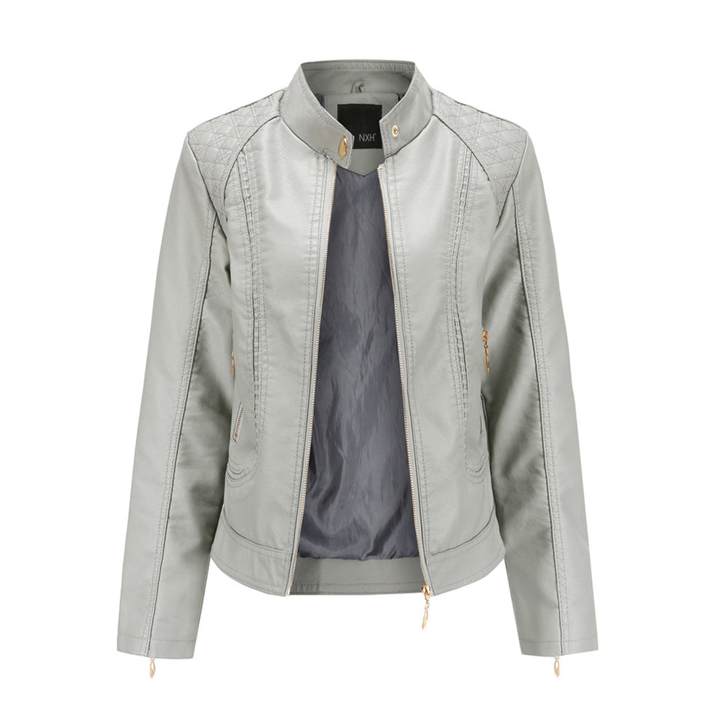 Chaqueta Biker Mujer Cropped en Polipiel con Cuello Alto