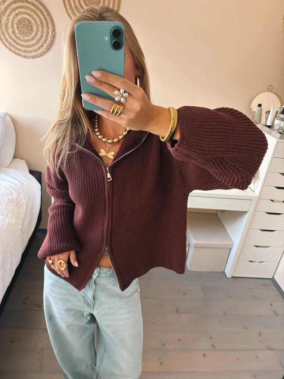 Cárdigan Mujer Oversize de Punto Grueso con Cremallera