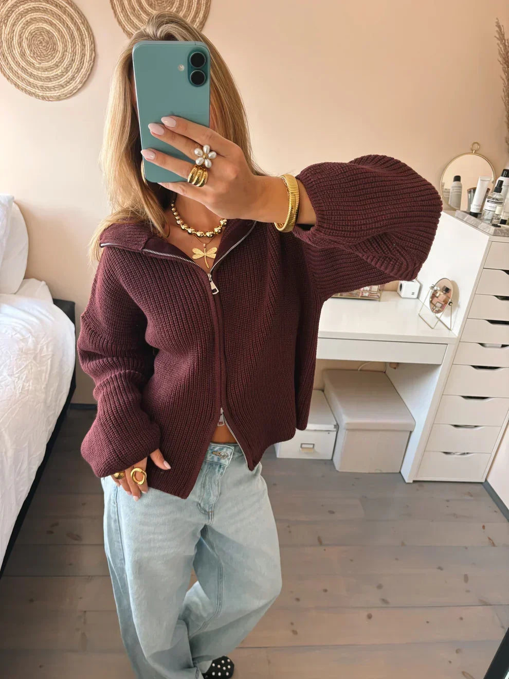 Cárdigan Mujer Oversize de Punto Grueso con Cremallera