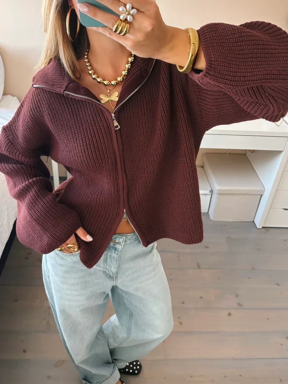 Cárdigan Mujer Oversize de Punto Grueso con Cremallera