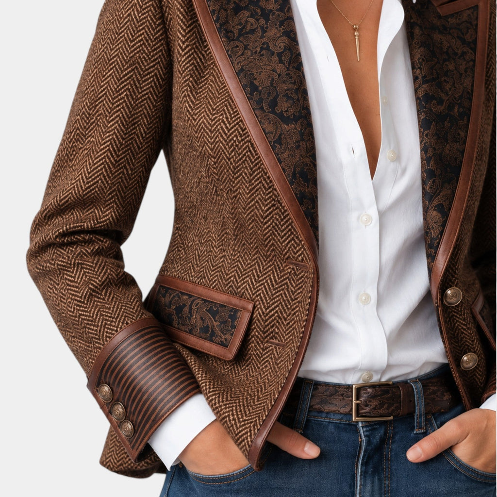 Blazer Mujer Paneles Espiga con Botones Dorados