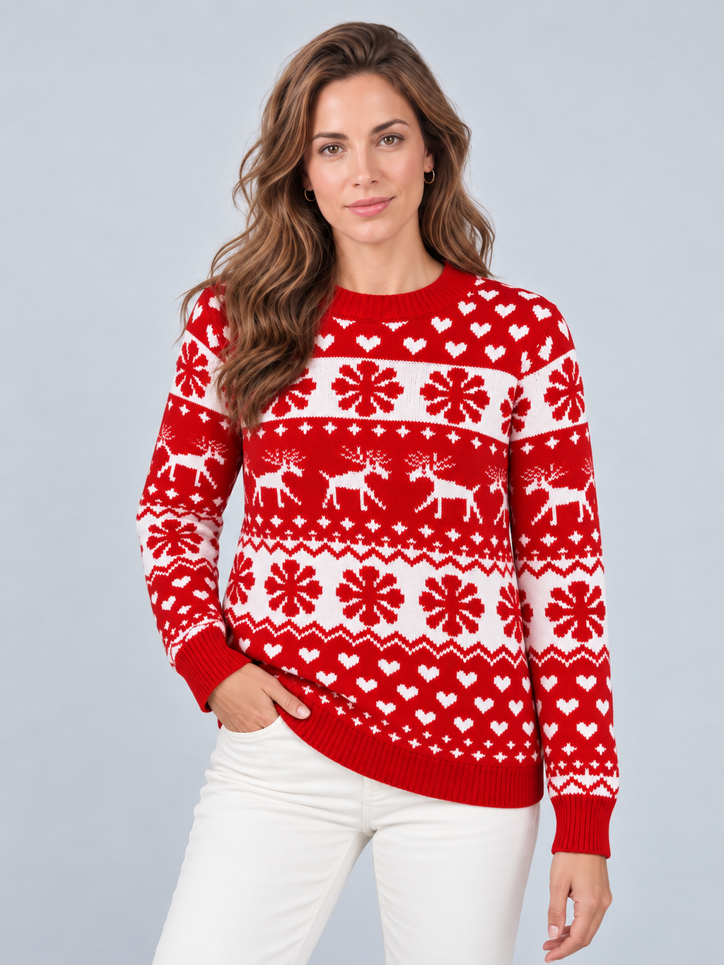 Jersey Navideño Mujer Rojo Renos Copos y Corazones Cuello Redondo