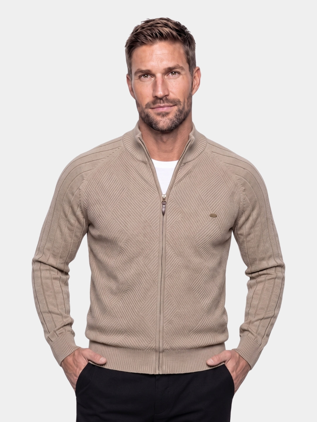 Suéter Cardigan de Color Sólido con Cremallera de Jacquard - Cross & Crown