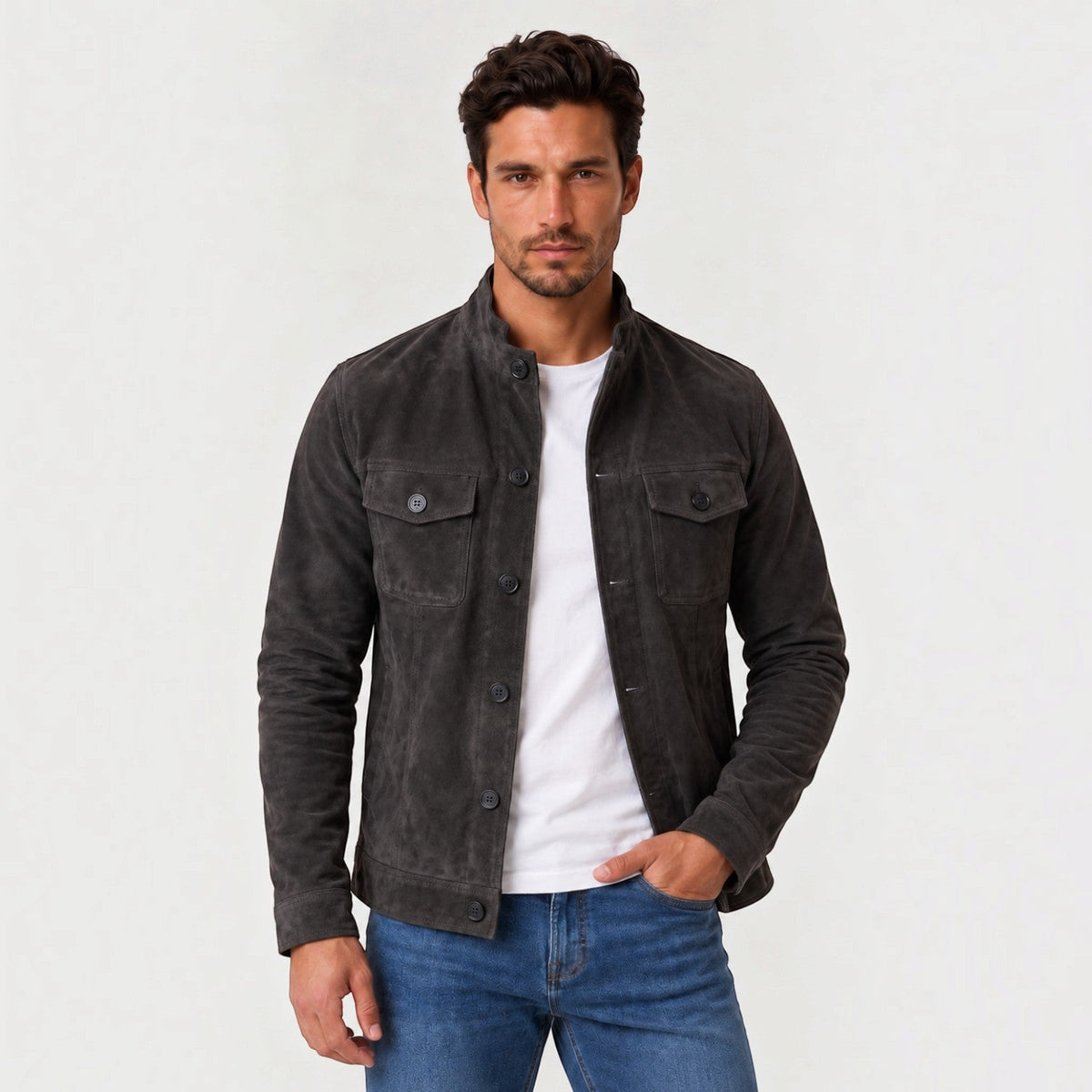 Chaqueta Hombre Efecto Ante Botones Estilo Trucker