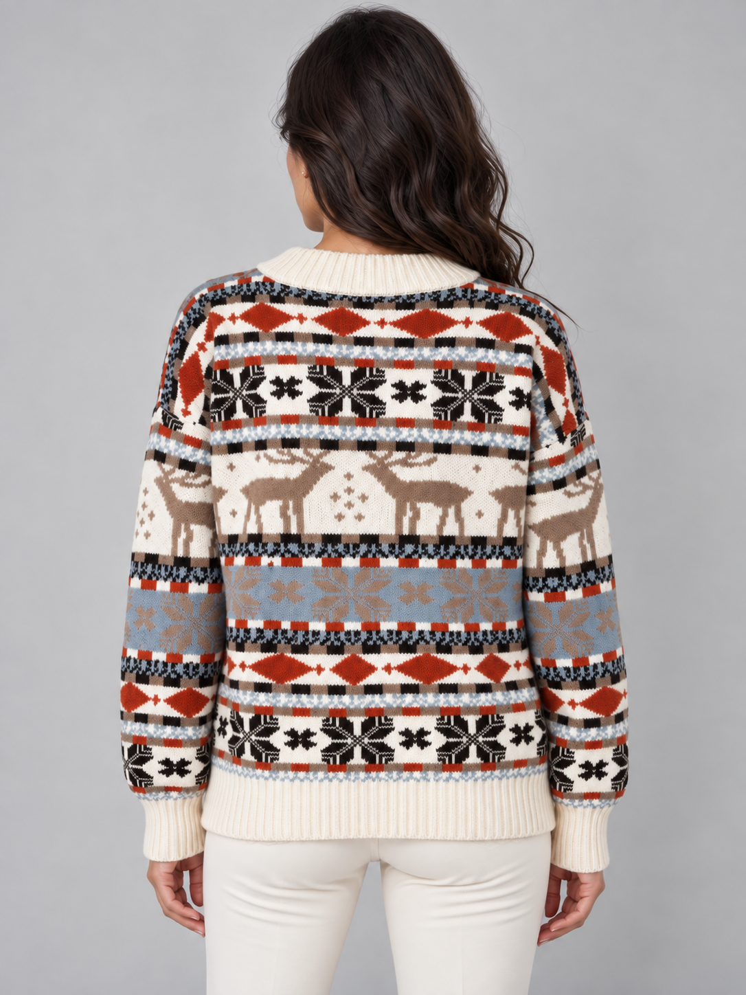 Jersey Navideño Mujer Cuello Alto Renos Terracota y Celeste
