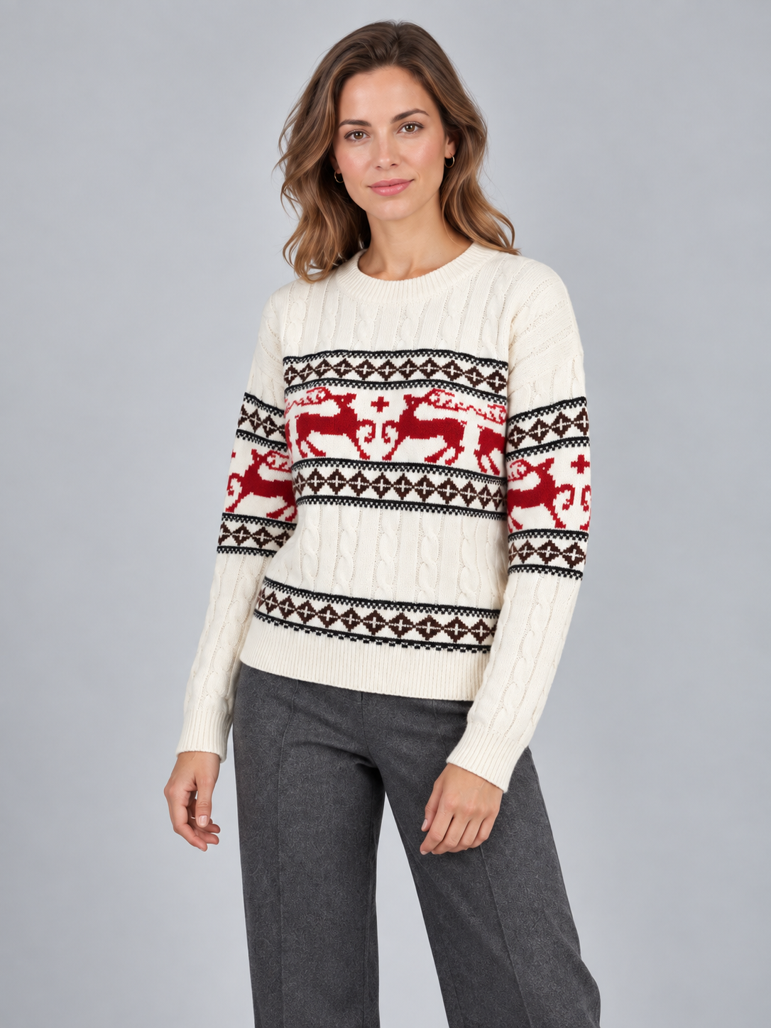 Jersey Navideño Mujer Aran Trenzado con Renos Fair Isle