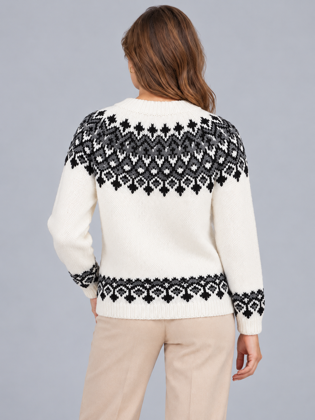 Jersey Fair Isle Mujer Geométrico Cuello Redondo Marfil