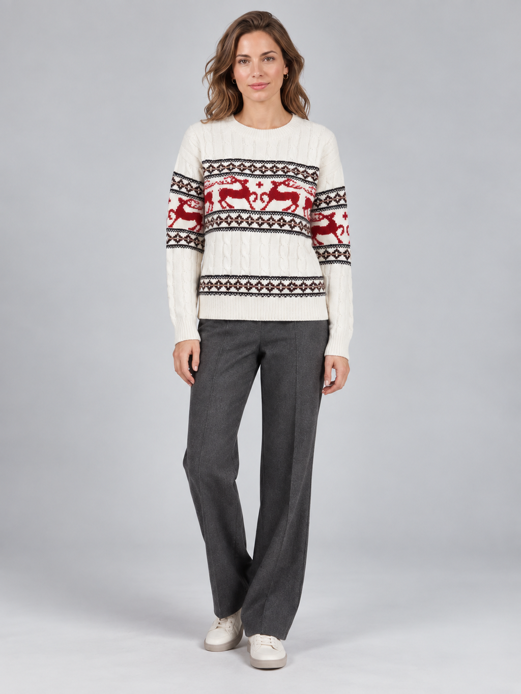 Jersey Navideño Mujer Aran Trenzado con Renos Fair Isle