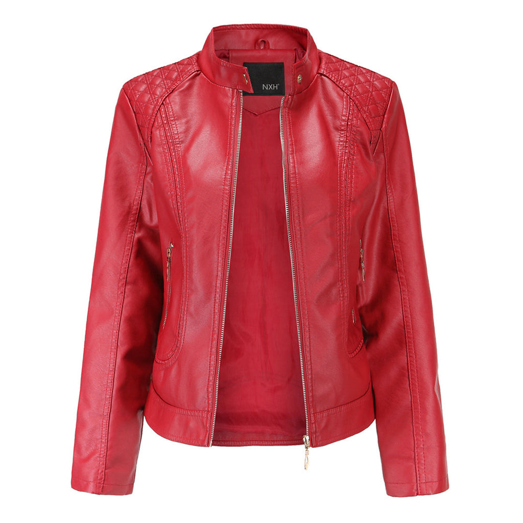 Chaqueta Biker Mujer Cropped en Polipiel con Cuello Alto