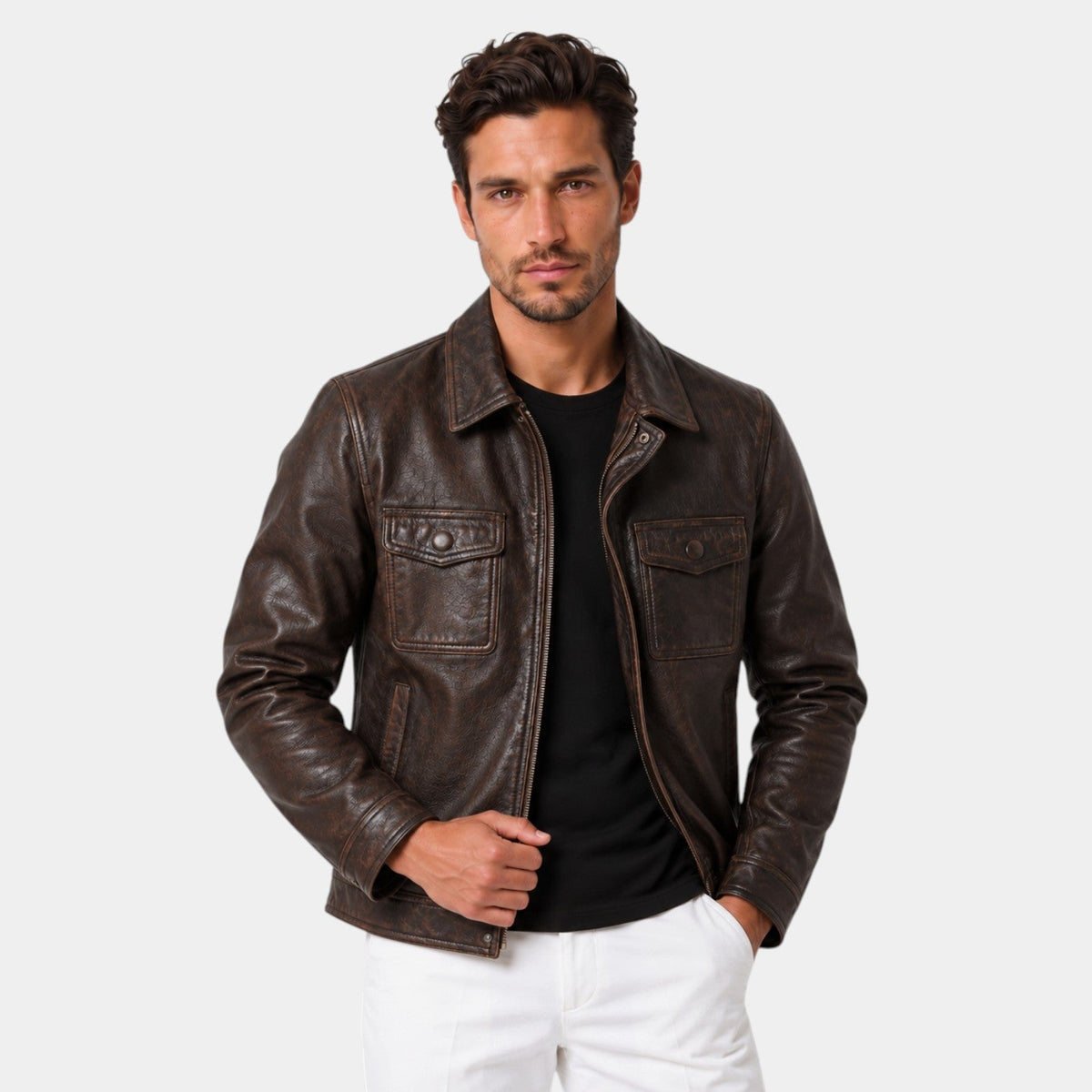 Chaqueta de Cuero Genuino Hombre Cuello Alzado con Cremallera