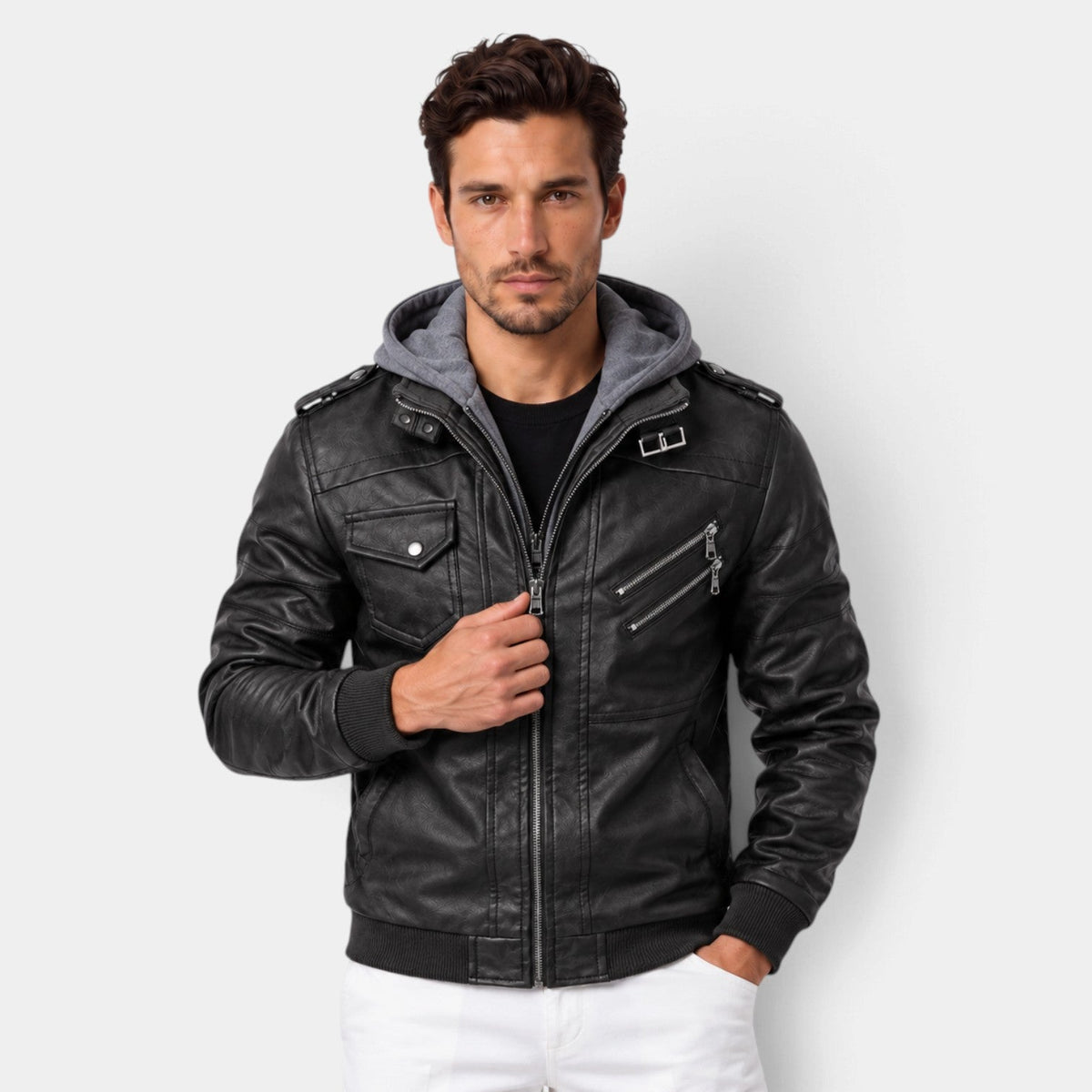 Chaqueta de cuero hombre cálida con capucha