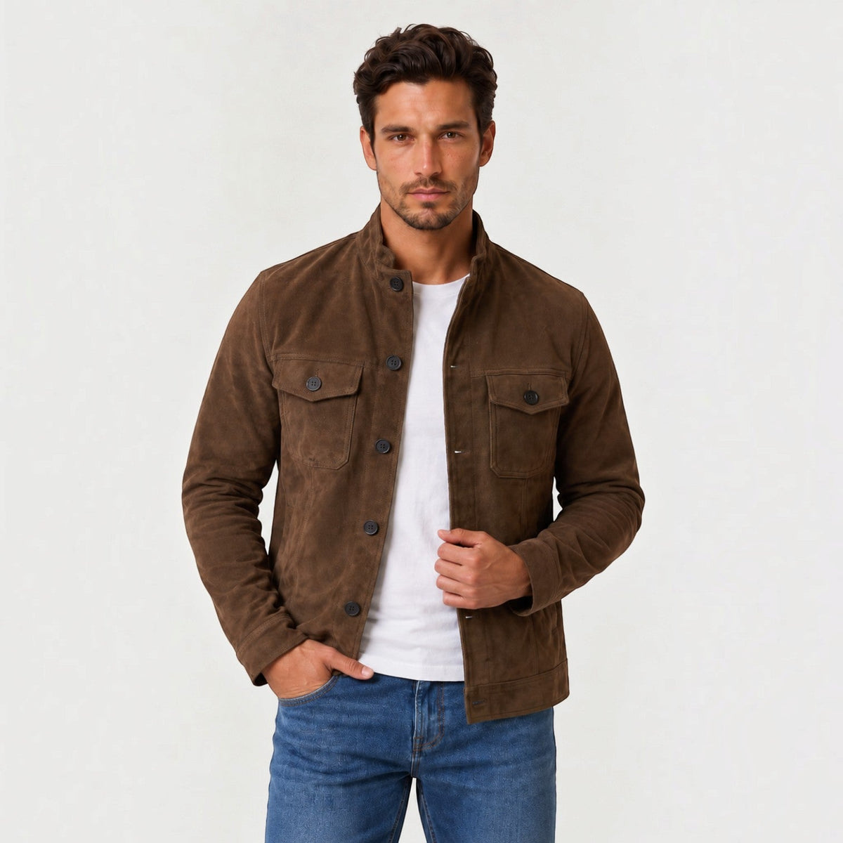 Chaqueta Hombre Efecto Ante Botones Estilo Trucker