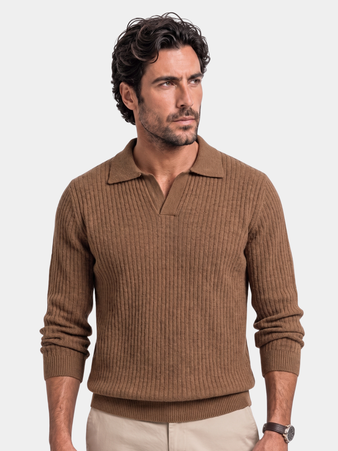 Suéter de Polo de Cuello en V Acanalado - Cross & Crown