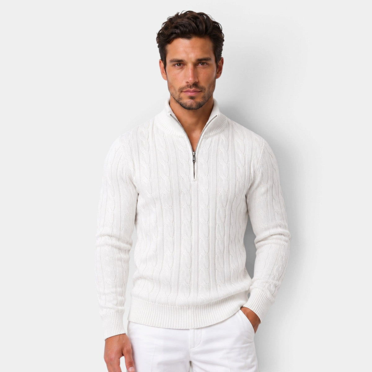Jersey de Punto Trenzado con Media Cremallera para Hombre