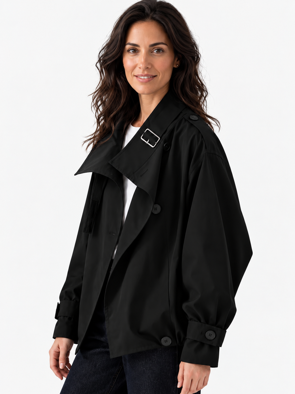Chaqueta Mujer Trench Corta con Hebilla en el Cuello