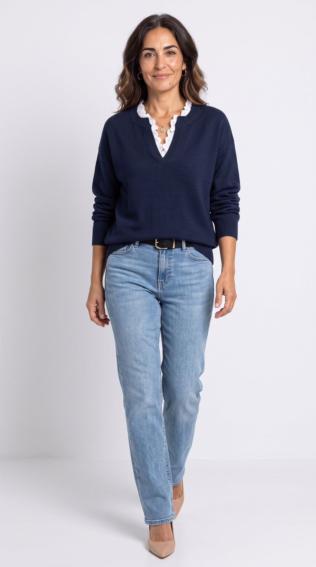 Céline | Suéter Chic con Cuello de Encaje, Toque Cachemir
